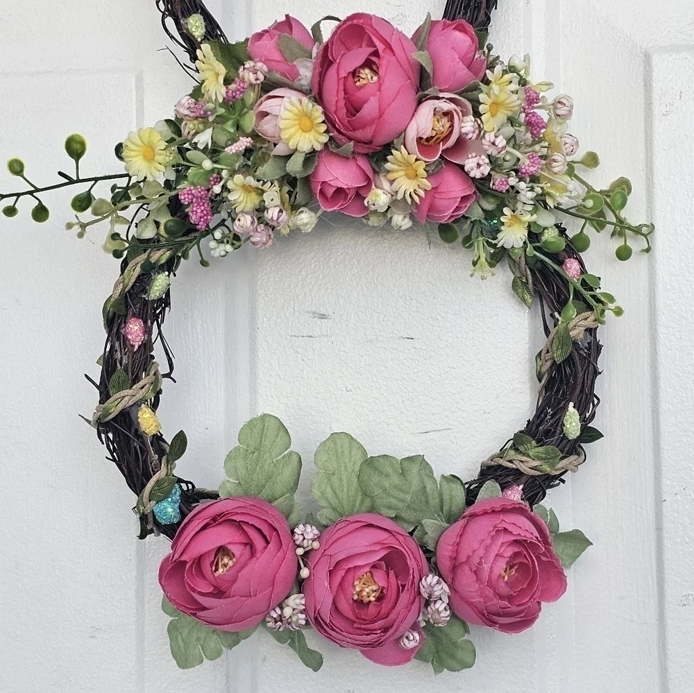 Handmade floral bunny Spring/Easter Wreath with Different shades of pink florals